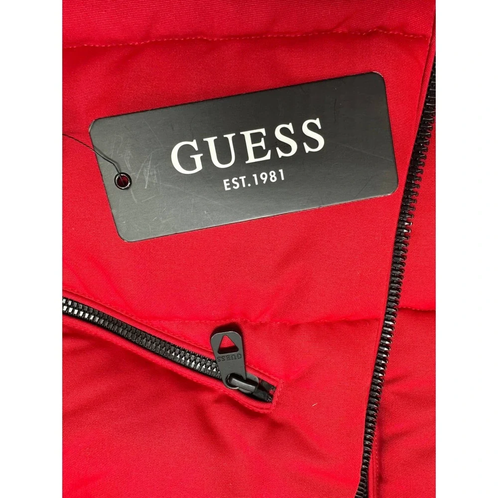 Guess Womens Red Quilted Puffer Jacket Faux Fur Hood Small 22LMP804